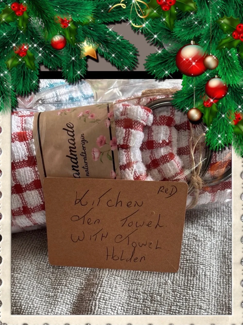 Handmade Red Check Kitchen Towel with Metal Towel Holder new